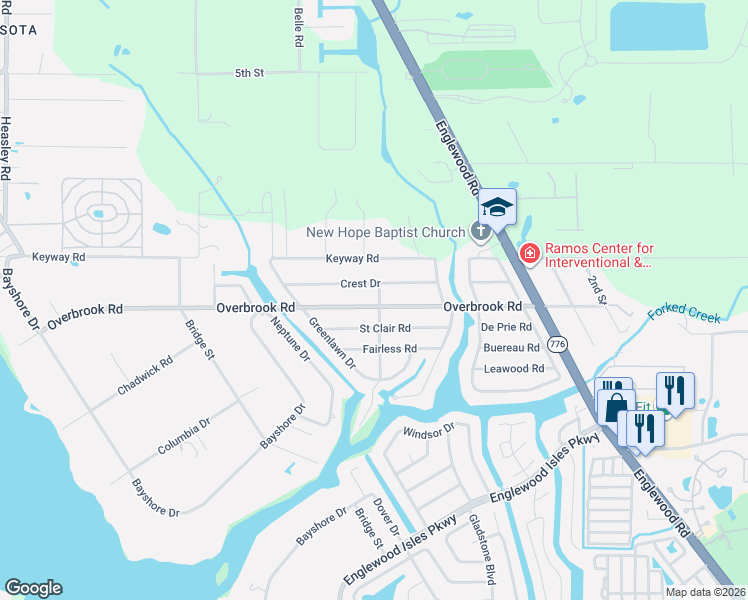 map of restaurants, bars, coffee shops, grocery stores, and more near 1497 Overbrook Road in Englewood