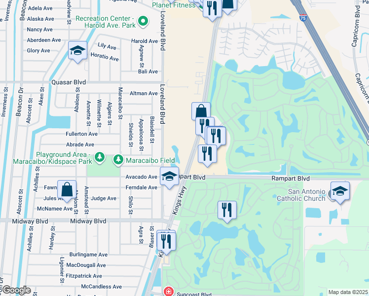 map of restaurants, bars, coffee shops, grocery stores, and more near 1999 Kings Highway in Port Charlotte