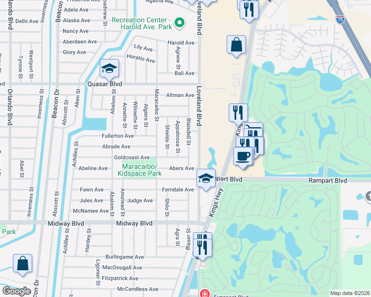 map of restaurants, bars, coffee shops, grocery stores, and more near 1465 Blaisdell Street in Port Charlotte