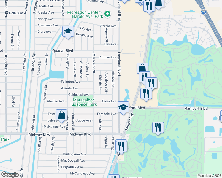 map of restaurants, bars, coffee shops, grocery stores, and more near 1447 Blaisdell Street in Port Charlotte