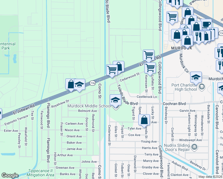 map of restaurants, bars, coffee shops, grocery stores, and more near 17322 Mercury Avenue in Port Charlotte