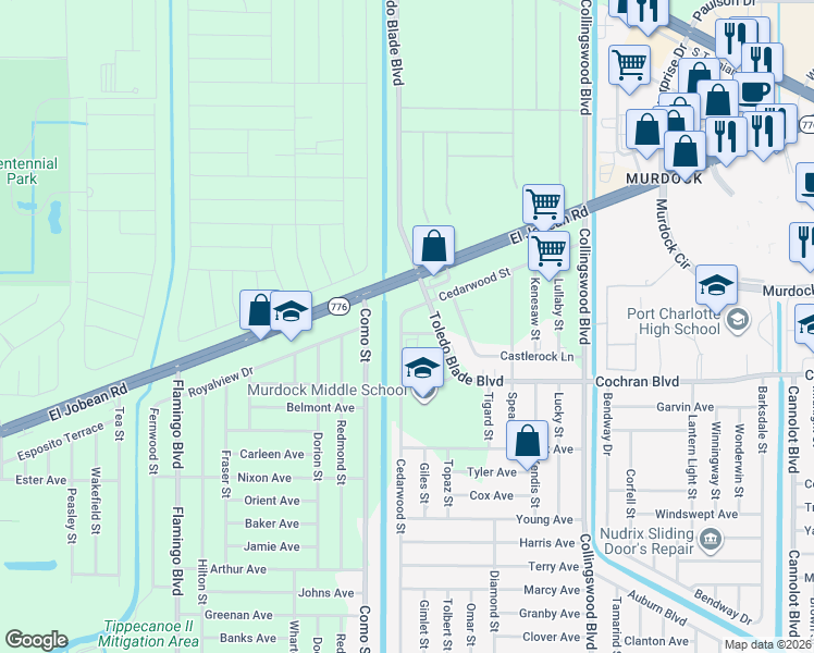 map of restaurants, bars, coffee shops, grocery stores, and more near 1917 Cedarwood Street in Port Charlotte