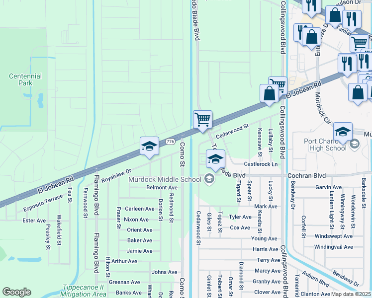 map of restaurants, bars, coffee shops, grocery stores, and more near 1917 Cedarwood Street in Port Charlotte