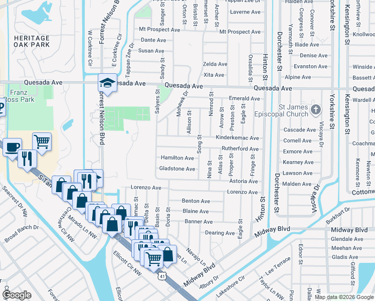 map of restaurants, bars, coffee shops, grocery stores, and more near 20230 Rutherford Avenue in Port Charlotte
