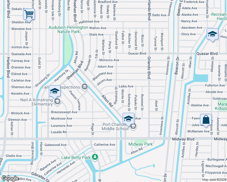 map of restaurants, bars, coffee shops, grocery stores, and more near 22362 Cadet Lane in Port Charlotte