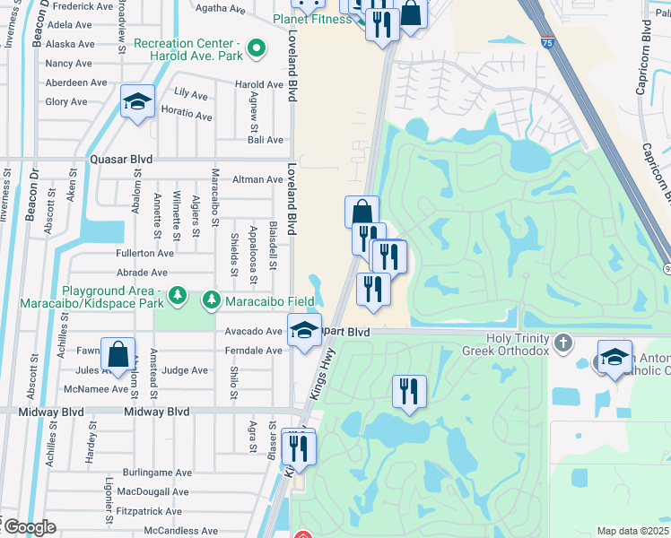 map of restaurants, bars, coffee shops, grocery stores, and more near 1999 Kings Highway in Punta Gorda