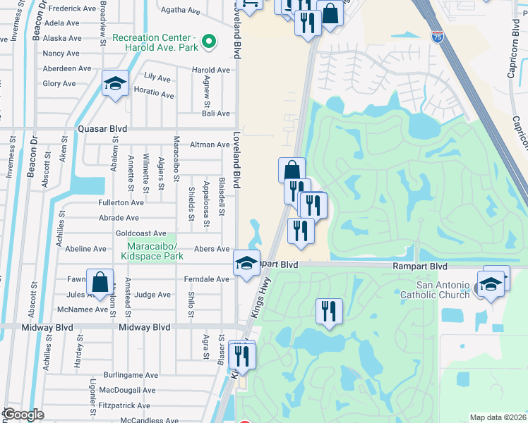 map of restaurants, bars, coffee shops, grocery stores, and more near 1999 Kings Highway in Port Charlotte