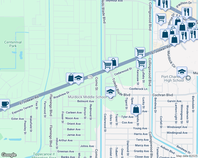 map of restaurants, bars, coffee shops, grocery stores, and more near 1917 Cedarwood Street in Port Charlotte