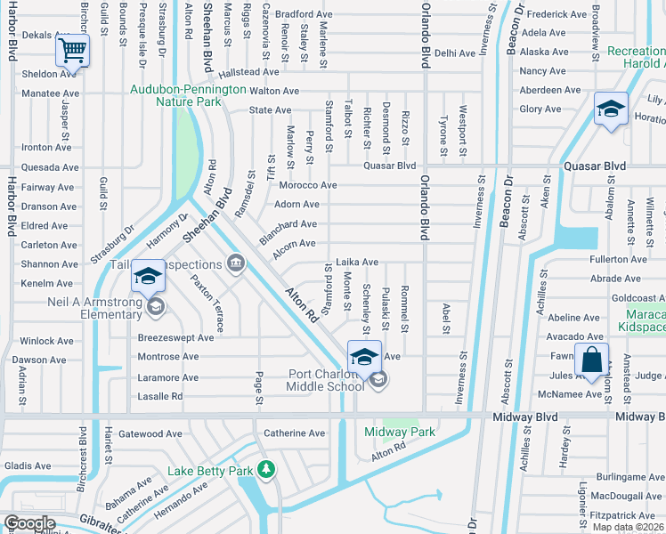 map of restaurants, bars, coffee shops, grocery stores, and more near 1418 Stamford Street in Port Charlotte
