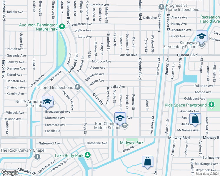 map of restaurants, bars, coffee shops, grocery stores, and more near 1418 Stamford Street in Port Charlotte