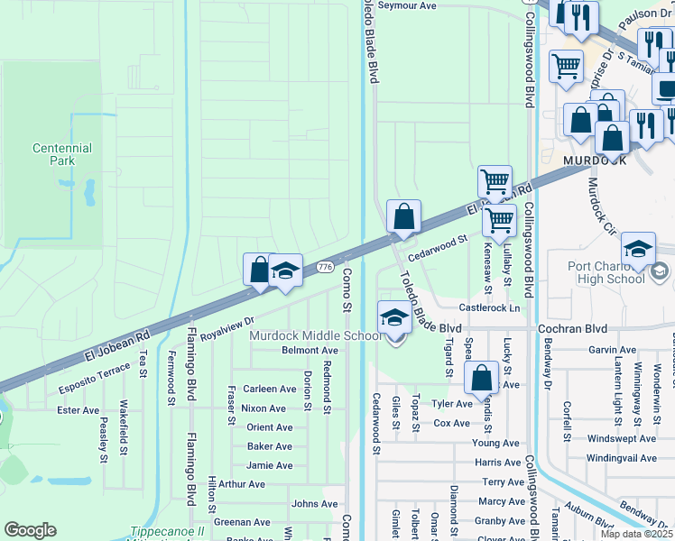map of restaurants, bars, coffee shops, grocery stores, and more near 1644 El Jobean Road in Port Charlotte