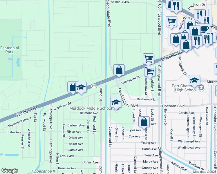 map of restaurants, bars, coffee shops, grocery stores, and more near 1917 Cedarwood Street in Port Charlotte