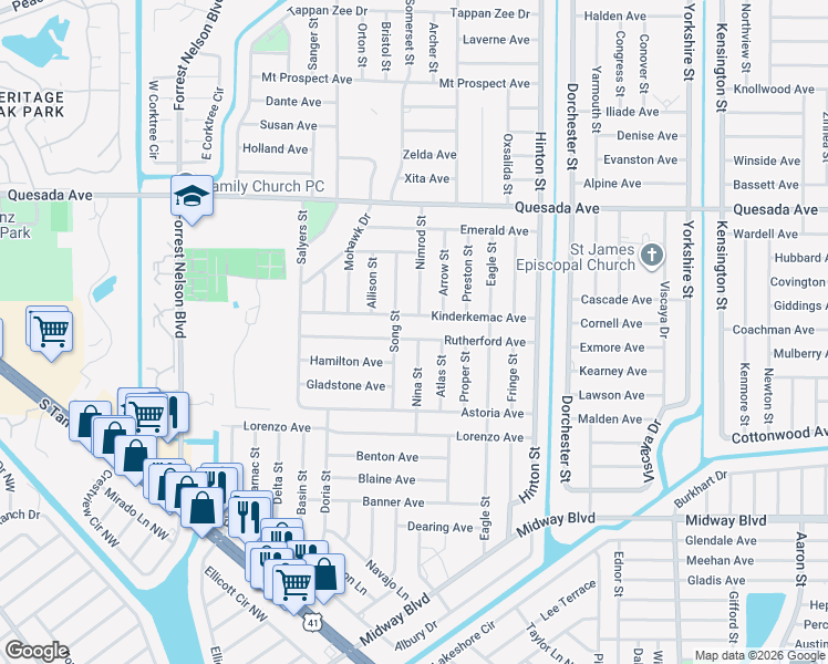 map of restaurants, bars, coffee shops, grocery stores, and more near 20280 Rutherford Avenue in Port Charlotte