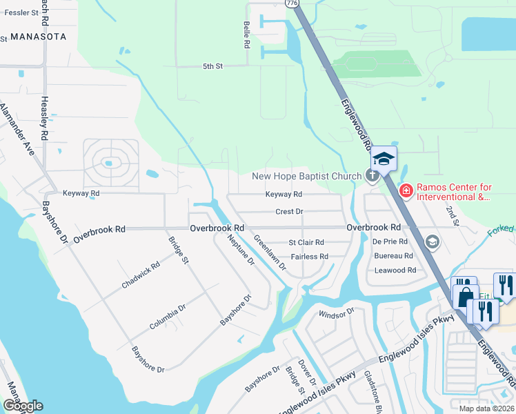 map of restaurants, bars, coffee shops, grocery stores, and more near 1540 Crest Drive in Englewood