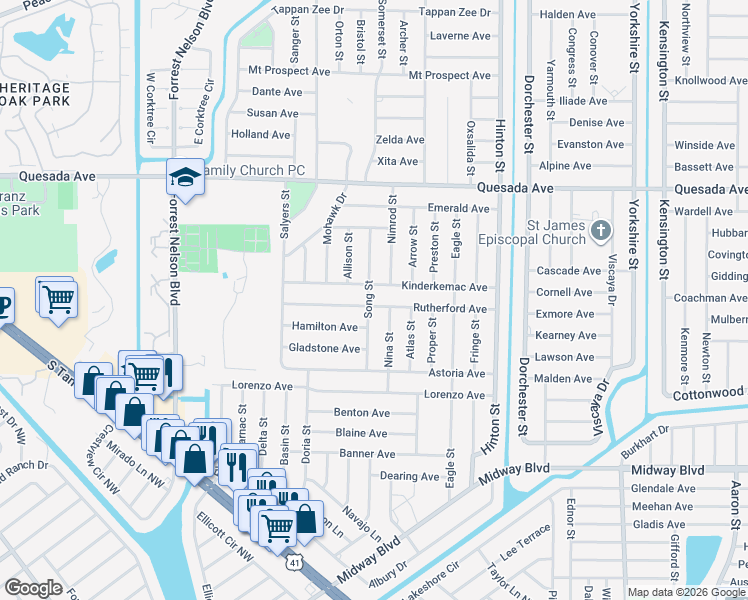 map of restaurants, bars, coffee shops, grocery stores, and more near 20280 Rutherford Avenue in Port Charlotte