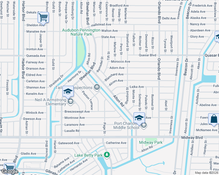map of restaurants, bars, coffee shops, grocery stores, and more near 1460 Alton Road in Port Charlotte