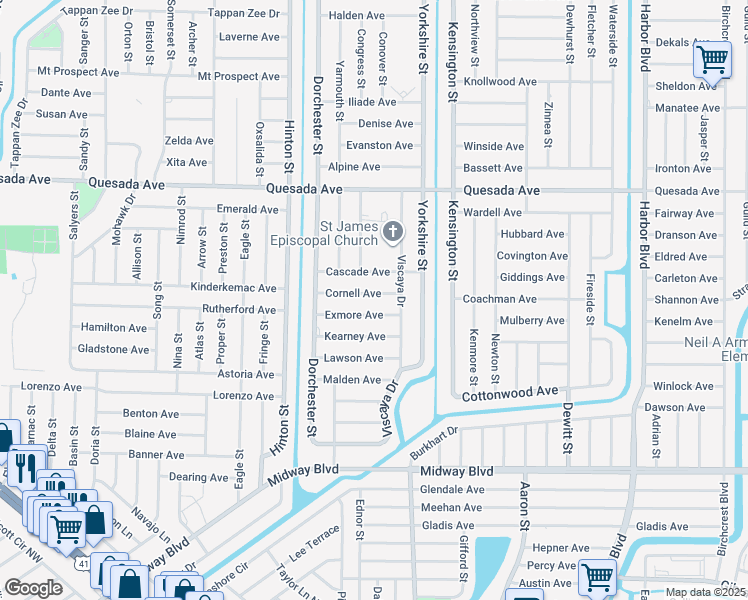 map of restaurants, bars, coffee shops, grocery stores, and more near 21043 Cornell Avenue in Port Charlotte