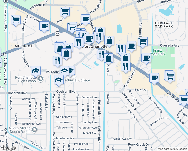 map of restaurants, bars, coffee shops, grocery stores, and more near 18360 Murdock Circle in Port Charlotte