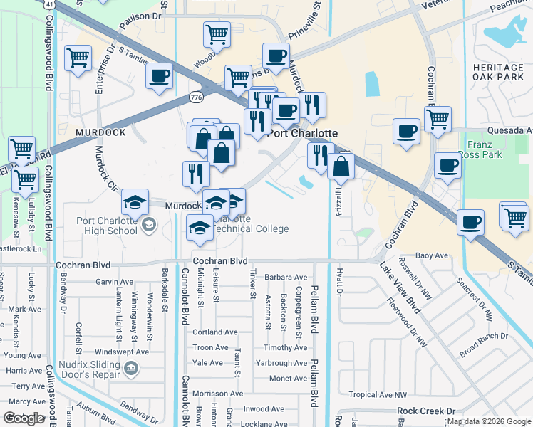 map of restaurants, bars, coffee shops, grocery stores, and more near 18344 Murdock Circle in Port Charlotte
