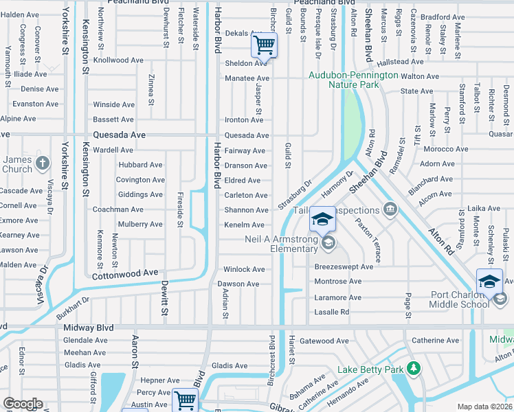 map of restaurants, bars, coffee shops, grocery stores, and more near 21488 Shannon Avenue in Port Charlotte