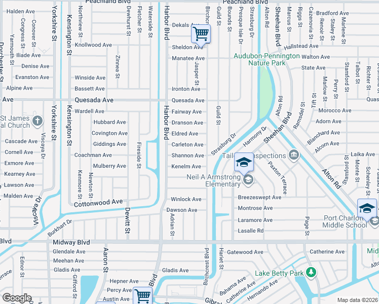 map of restaurants, bars, coffee shops, grocery stores, and more near 21488 Shannon Avenue in Port Charlotte
