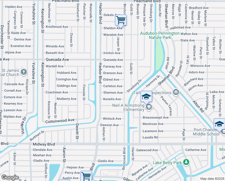map of restaurants, bars, coffee shops, grocery stores, and more near 21488 Shannon Avenue in Port Charlotte