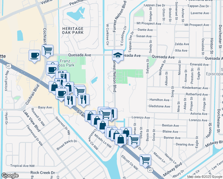 map of restaurants, bars, coffee shops, grocery stores, and more near 1515 Forrest Nelson Boulevard in Port Charlotte