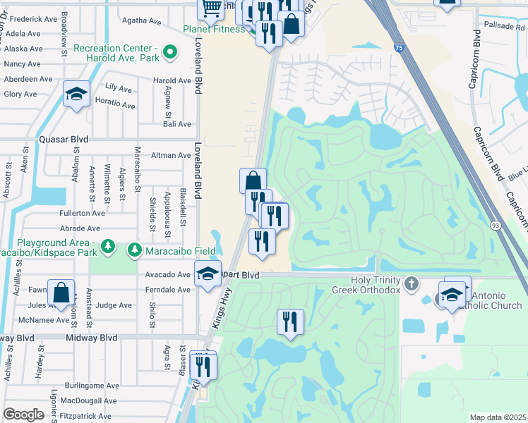 map of restaurants, bars, coffee shops, grocery stores, and more near 1910 Kings Highway in Punta Gorda