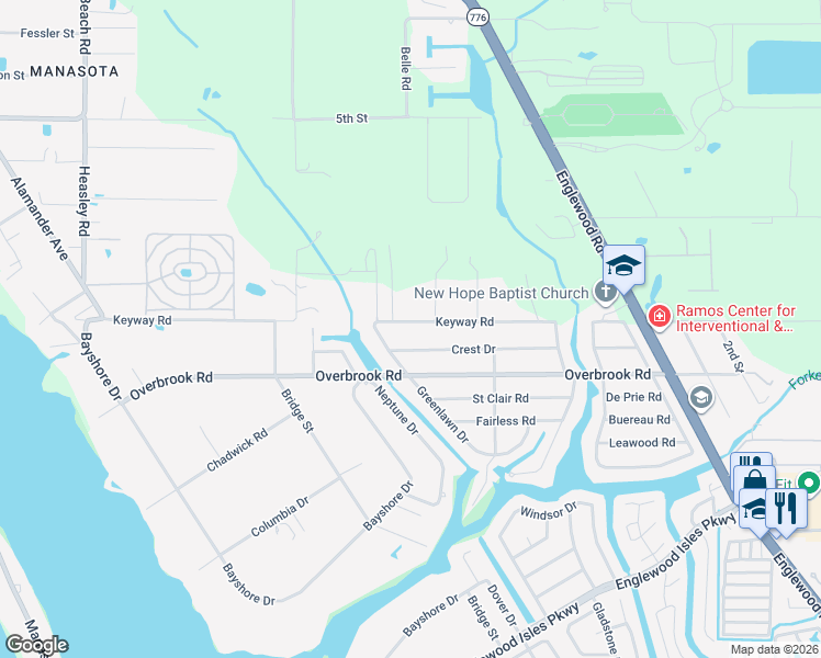 map of restaurants, bars, coffee shops, grocery stores, and more near 1540 Crest Drive in Englewood