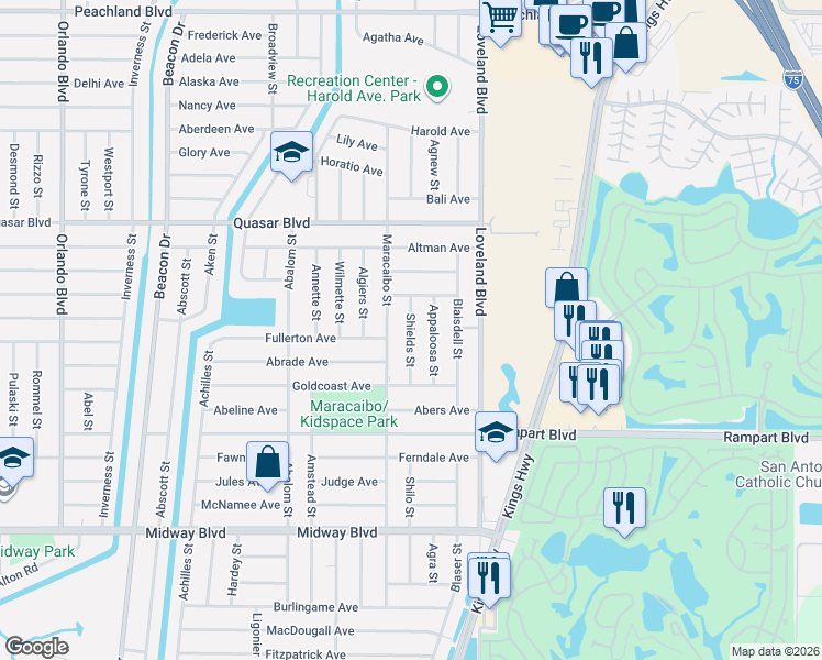 map of restaurants, bars, coffee shops, grocery stores, and more near 1414 Shields Street in Port Charlotte