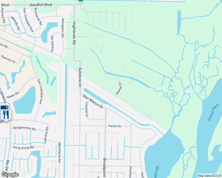 map of restaurants, bars, coffee shops, grocery stores, and more near Amsterdam Drive in Charlotte County