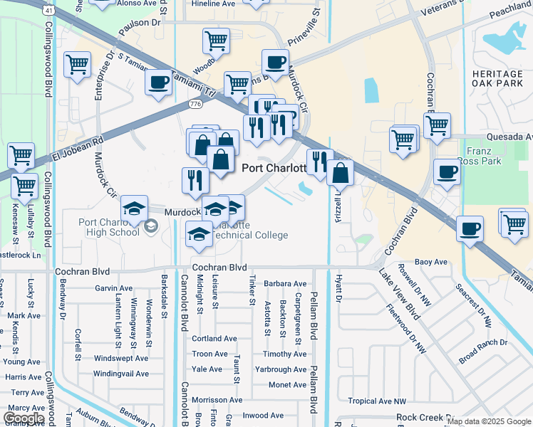 map of restaurants, bars, coffee shops, grocery stores, and more near 18344 Murdock Circle in Port Charlotte