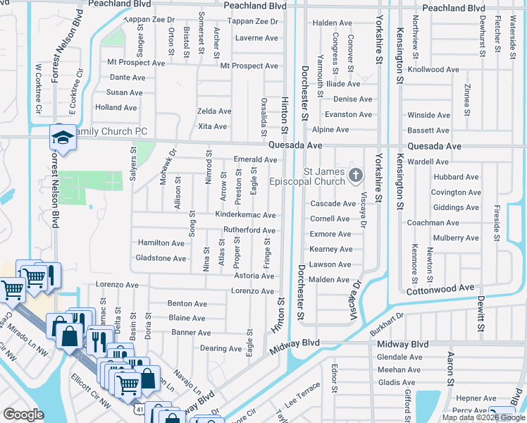 map of restaurants, bars, coffee shops, grocery stores, and more near 20425 Kinderkemac Avenue in Port Charlotte