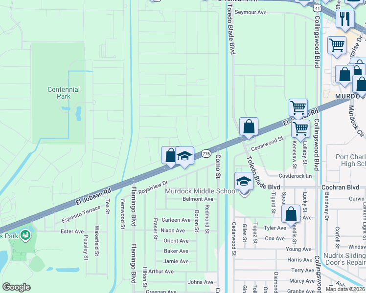 map of restaurants, bars, coffee shops, grocery stores, and more near Buena Vista Circle in Port Charlotte