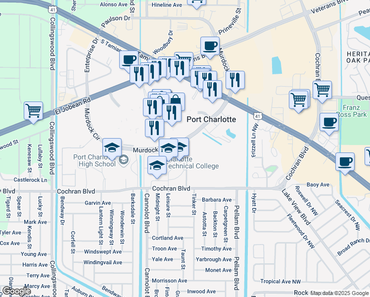 map of restaurants, bars, coffee shops, grocery stores, and more near 1016 Education Way in Port Charlotte