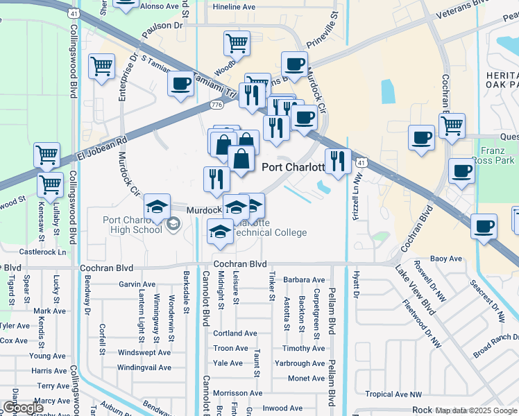 map of restaurants, bars, coffee shops, grocery stores, and more near 1016 Education Way in Port Charlotte