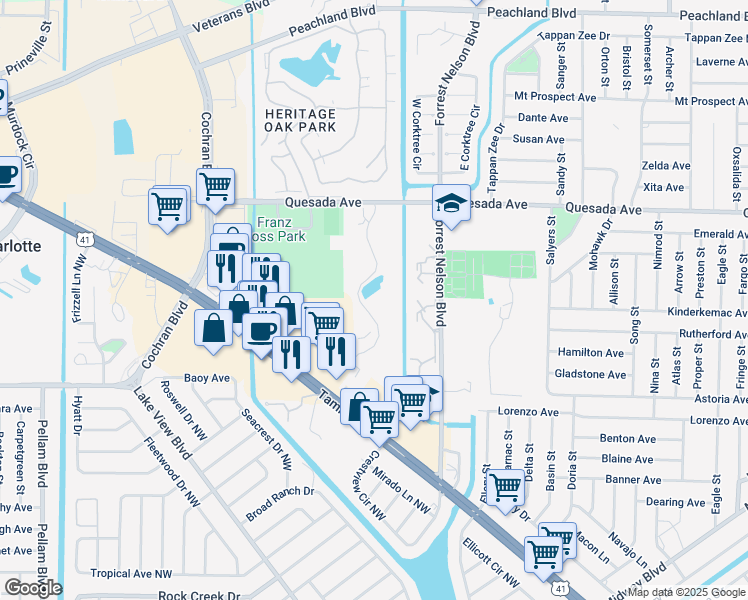 map of restaurants, bars, coffee shops, grocery stores, and more near 19505 Quesada Avenue in Port Charlotte