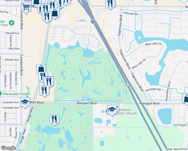 map of restaurants, bars, coffee shops, grocery stores, and more near 24340 Westgate Boulevard in Port Charlotte