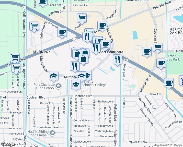 map of restaurants, bars, coffee shops, grocery stores, and more near 1016 Education Way in Port Charlotte