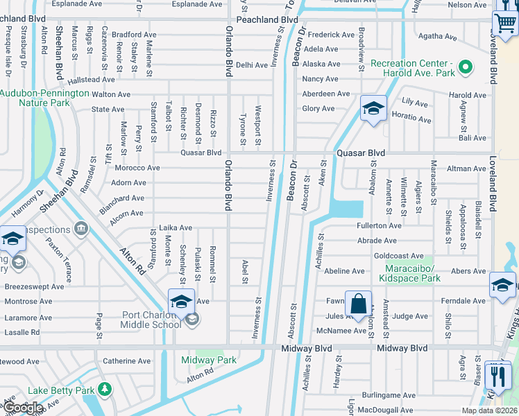 map of restaurants, bars, coffee shops, grocery stores, and more near 22585 Blanchard Avenue in Port Charlotte