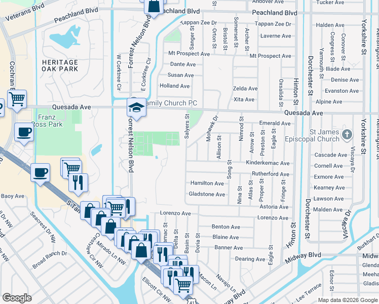map of restaurants, bars, coffee shops, grocery stores, and more near 1366 Mager Street in Port Charlotte
