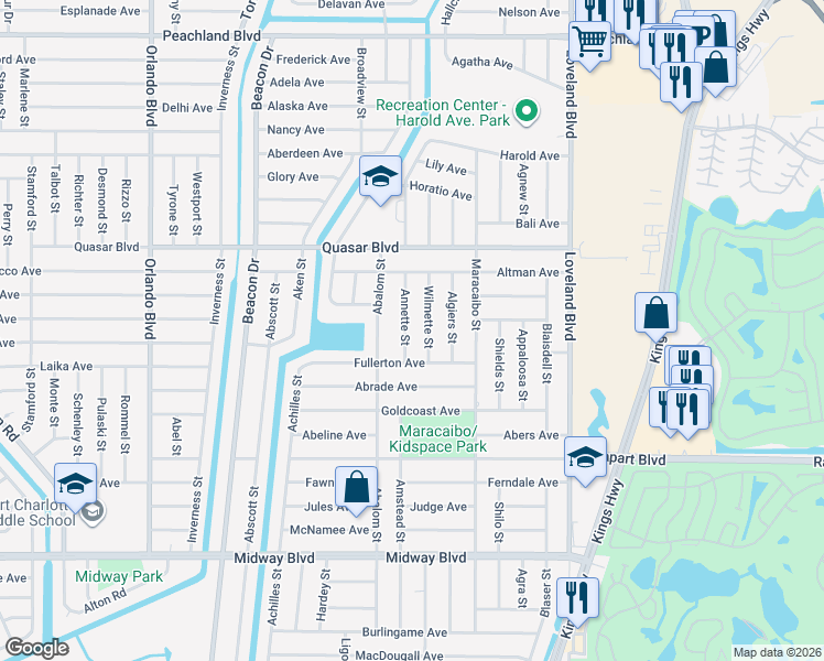 map of restaurants, bars, coffee shops, grocery stores, and more near 1363 Wilmette Street in Port Charlotte