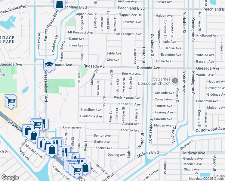 map of restaurants, bars, coffee shops, grocery stores, and more near 1357 Arrow Street in Port Charlotte