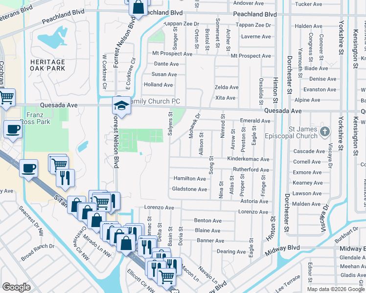 map of restaurants, bars, coffee shops, grocery stores, and more near 1366 Mager Street in Port Charlotte