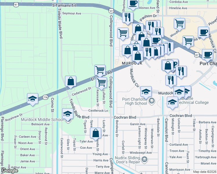 map of restaurants, bars, coffee shops, grocery stores, and more near 1387 Collingswood Boulevard in Port Charlotte