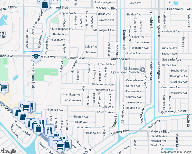 map of restaurants, bars, coffee shops, grocery stores, and more near 1357 Arrow Street in Port Charlotte