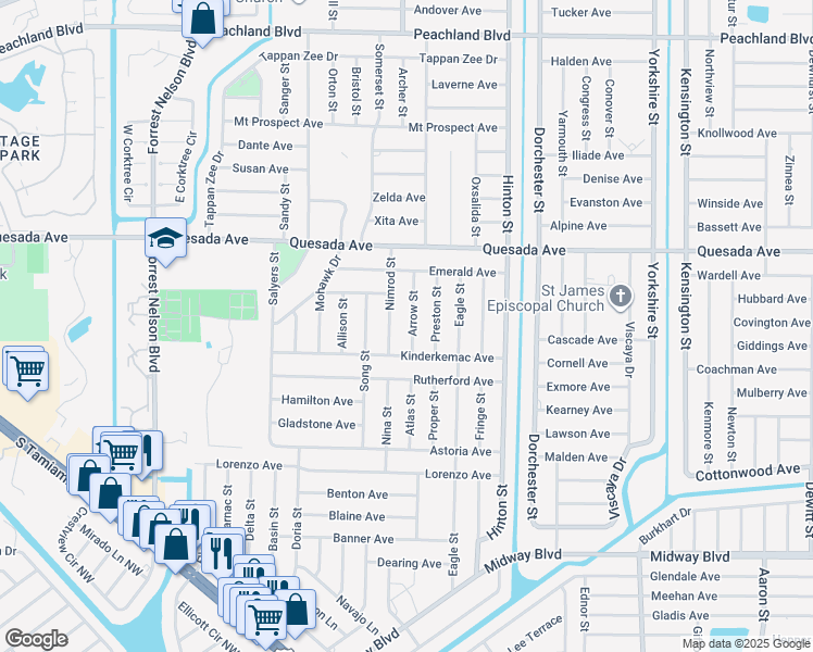 map of restaurants, bars, coffee shops, grocery stores, and more near 1357 Arrow Street in Port Charlotte