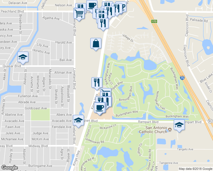map of restaurants, bars, coffee shops, grocery stores, and more near 24212 Buckingham Way in Port Charlotte