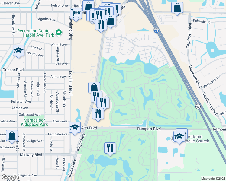 map of restaurants, bars, coffee shops, grocery stores, and more near 1680 Palace Court in Punta Gorda
