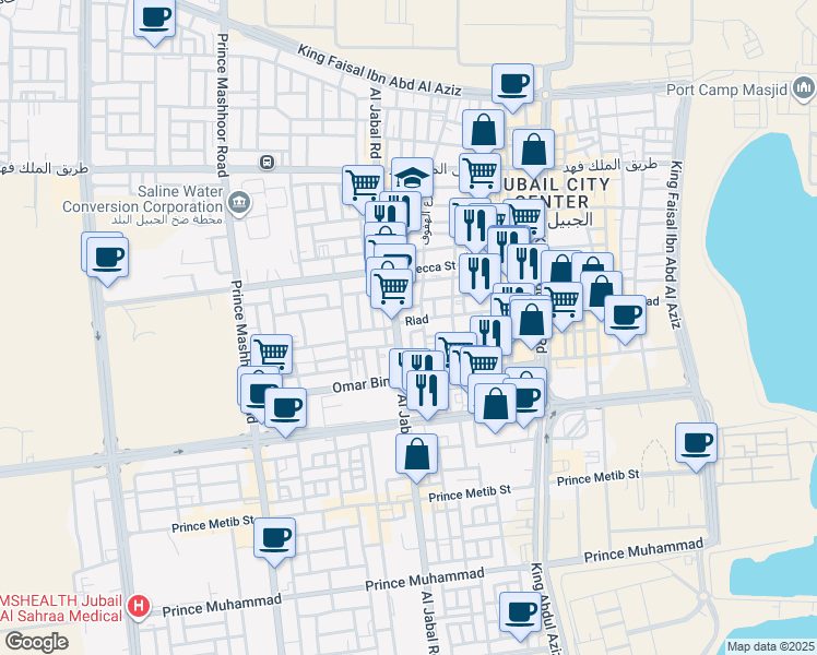 map of restaurants, bars, coffee shops, grocery stores, and more near 3253 Riad in Al Jubayl